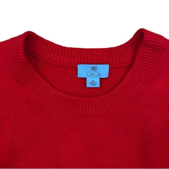 CeCe Women's Embellished-Sleeve Pearl Crewneck Sweater in Bright Cherry - Medium - Picture 5 of 8